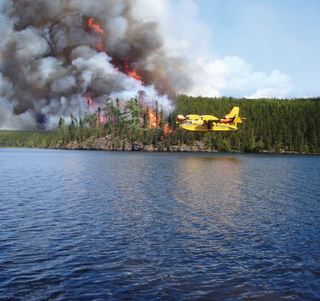 image of a lakeside fire and firebomber