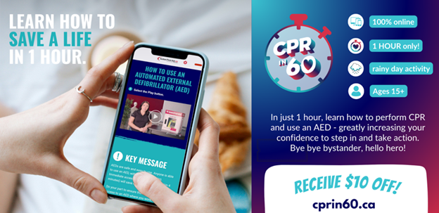 image: advertisement about "CPR in 60" from Action First Aid