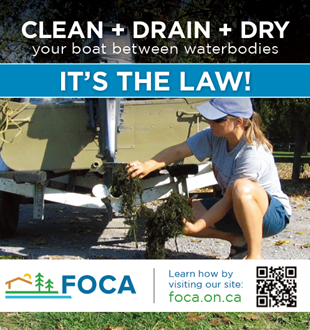 image of FOCA's ad to clean drain and dry boats to prevent invasive species spread