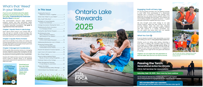 image compilation of cover and 2 pages from the 2025 FOCA Magazine: Ontario Lake Stewards