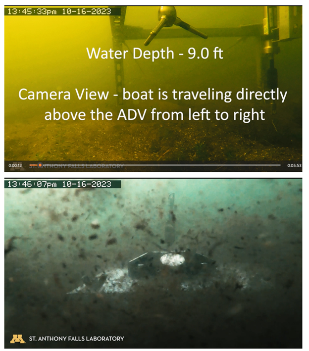 image from underwater video stills of University of Minnesota study on wake impacts 2025