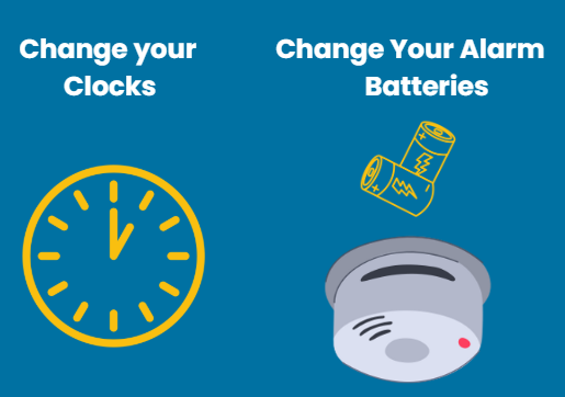 illustration of an analog clock, smoke alarm, and batteries