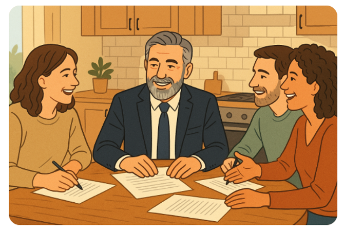 illustration of a family meeting at a kitchen table